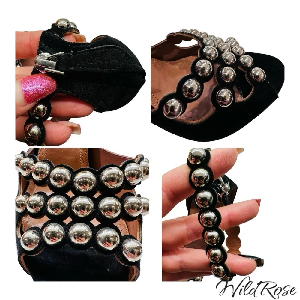 Alaia Black Suede Studded Ankle Strap Sandals Heels Size 36 - Picture 15 of 16